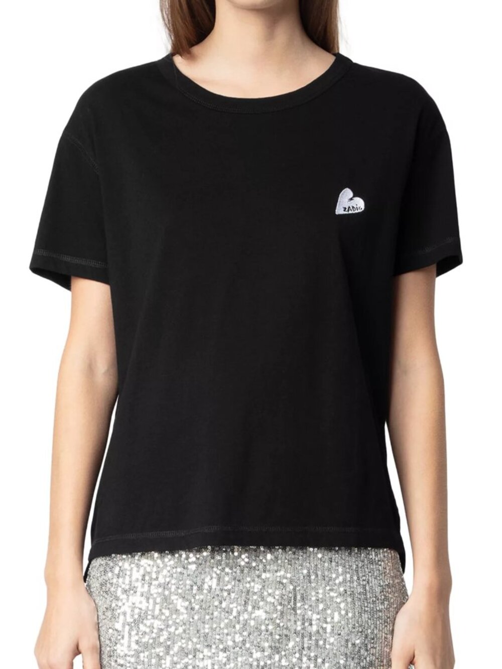 NWT Zadig & Voltaire Marta Cotton Heart Tee in Black, Size M, $98 Retail